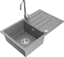 Mexen Bruno granitinė vienos kameros kriauklė su nutekamuoju paviršiumi ir virtuvės maišytuvu Telma, pilka