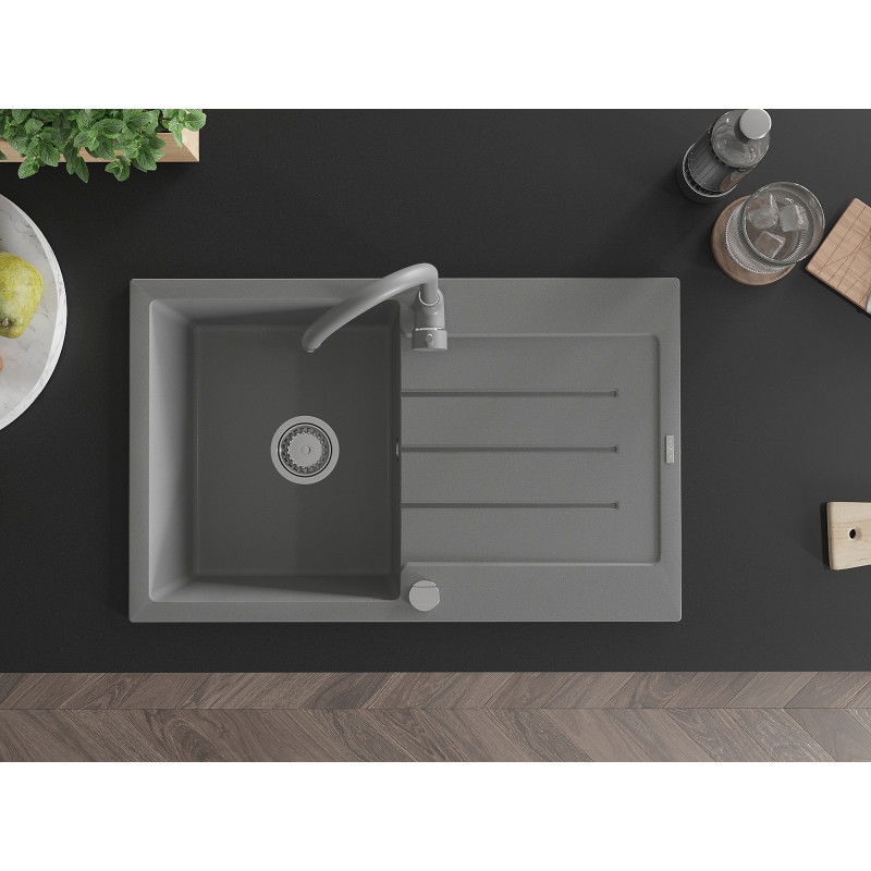 Mexen Bruno granito plautuvė 1 skyrelio su nutekėjimu ir virtuvės kranu Telma, pilkas - 6513-71-670200-71