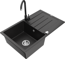 Mexen Bruno vienos kameros granitinė plautuvė su nuvarvėjimo vieta ir virtuviniu maišytuvu Telma, juoda/sidabrinė