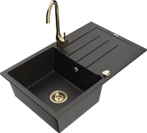Mexen Bruno granitinė vienos komeros kriauklė su nusausintuvu ir virtuvine Telma baterija, juoda/auksinė - 6513-75-670200-50
