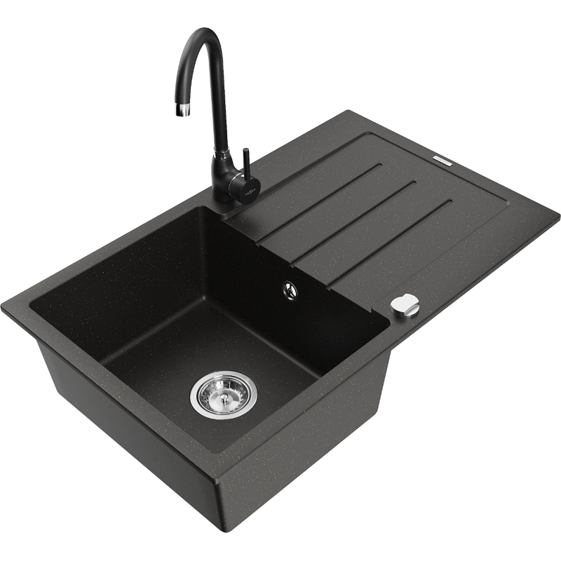 Mexen Bruno vienos dubenėlės granitinė kriauklė su nutekėjimu ir virtuviniu maišytuvu Telma, juoda/auksinė