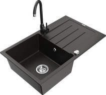 Mexen Bruno vienos dubenėlės granitinė kriauklė su nutekėjimu ir virtuviniu maišytuvu Telma, juoda/auksinė