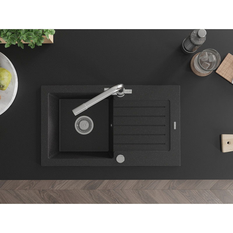 Mexen Pablo granitinė vienos kameros plautuvė su nutekamuoju dugnu ir virtuviniu maišytuvu Duero, juodos/sidabrinės metalo