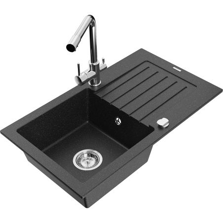 Mexen Pablo granitinė vienos kameros plautuvė su nutekamuoju dugnu ir virtuviniu maišytuvu Duero, juodos/sidabrinės metalo