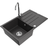 Mexen Bruno granitinė plautuvė su vienu dubeniu, nubėgikliu ir virtuviniu maišytuvu Telma, juoda dėmėta