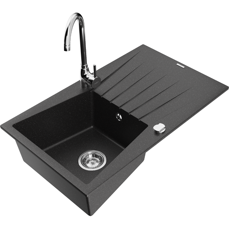 Mexen Cesar 1-jų dalių granitinė plautuvė su drenažu ir virtuviniu maišytuvu Telma, juoda/sidabrinė - 6514-73-670200-00