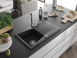 Mexen Cesar 1-jų dalių granitinė plautuvė su drenažu ir virtuviniu maišytuvu Telma, juoda/sidabrinė - 6514-73-670200-00