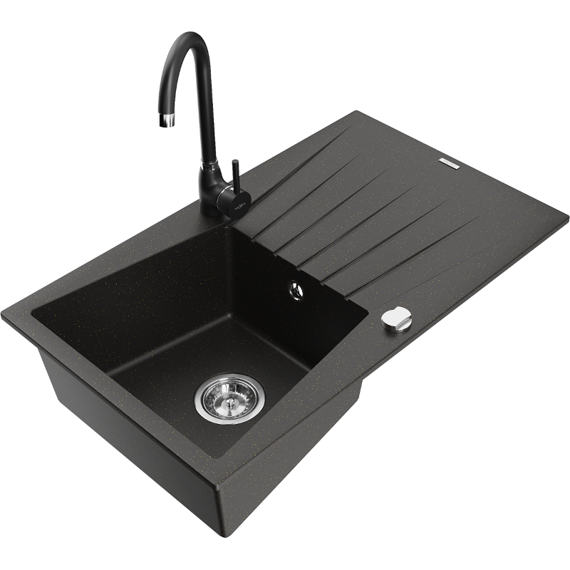 Mexen Cesar Granitinė vienos kameros kriauklė su nutekamu ir virtuvės maišytuvu Telma, juoda/aukso - 6514-75-670200-70