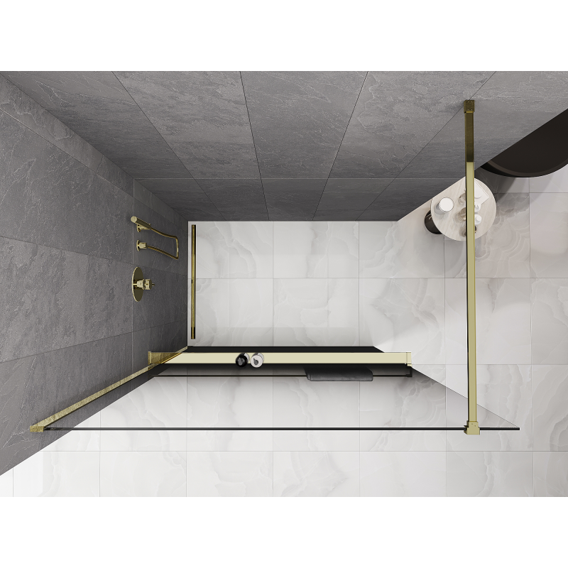 Mexen Kioto+ dušo pertvara su lentyna Walk-in 150 x 200 cm, ombre juoda 8 mm, auksinė - 800-150-121-50-76