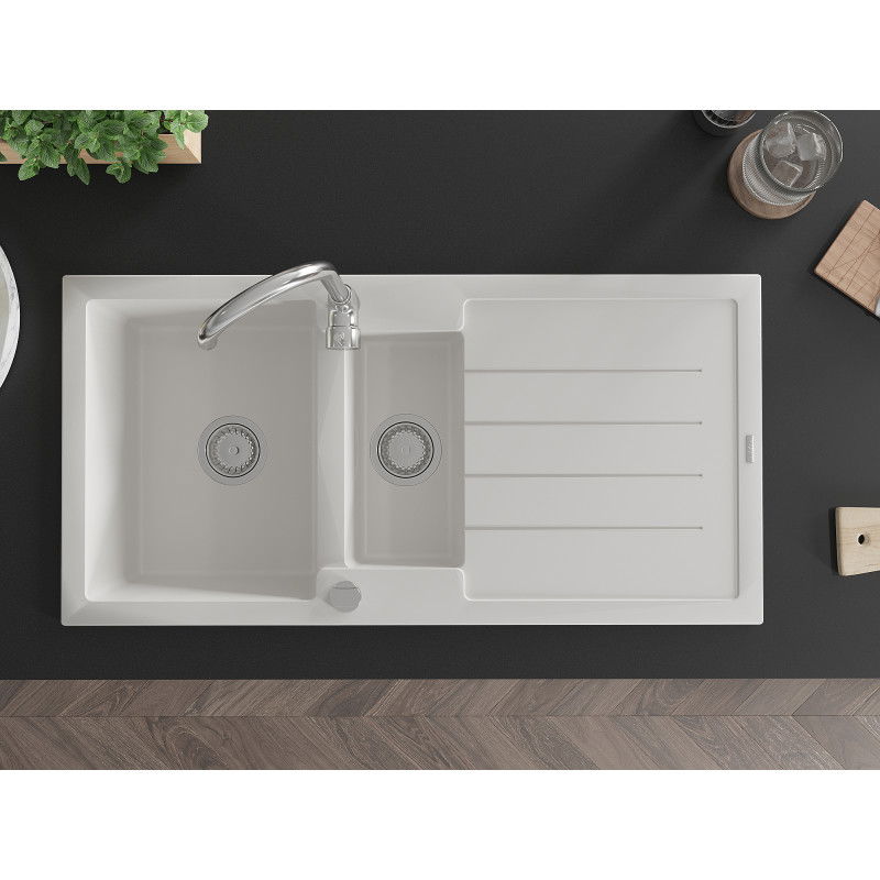 Mexen Andres granito kriauklė 1,5 skyrių su nutekėjimu ir virtuviniu maišytuvu Telma, balta - 6515-20-670200-00