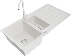 Mexen Andres granitinė 1,5-skylių virtuvės kriauklė su nutekamuoju padėklu ir Telma virtuviniu maišytuvu, balta