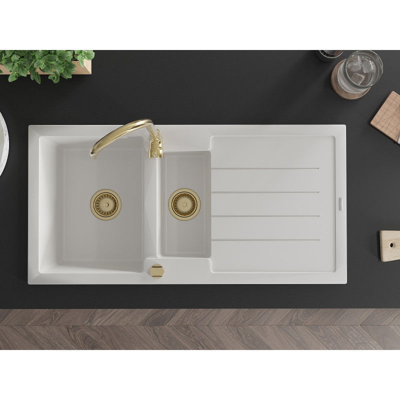 Mexen Andres granito plautuvė 1,5 skyrių su nusausintuvu ir virtuviniu maišytuvu Telma, balta - 6515-20-670200-50