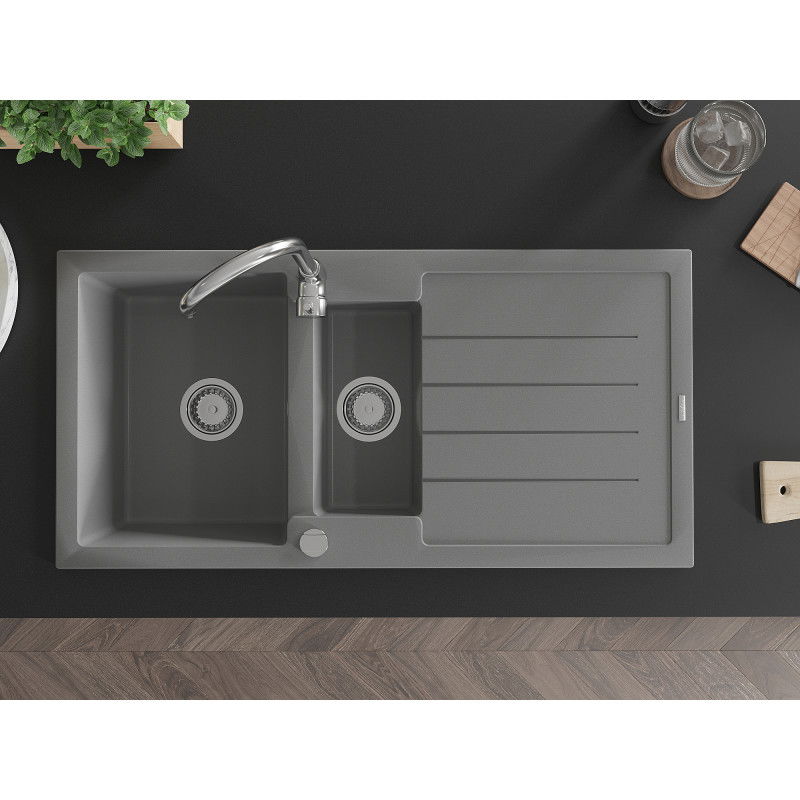 Mexen Andres granito plautuvė 1,5 skylių su nutekamu ir virtuvės maišytuvu Telma, pilka - 6515-71-670200-00