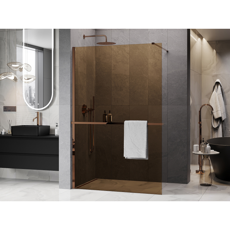 Mexen Kioto+ dušo sienelė su lentyna Walk-in 130 x 200 cm, bronzinė 8 mm, rožinis auksas - 800-130-121-60-32