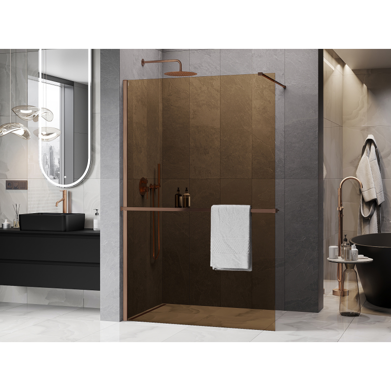 Mexen Kioto+ dušo sienelė su lentyna Walk-in 80 x 200 cm, bronza 8 mm, šlifuotas varis - 800-080-121-65-32