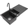 Mexen Andres granitinė 1,5 skylių plautuvė su nusausintuvu ir virtuviniu maišytuvu Telma, juoda su taškeliais