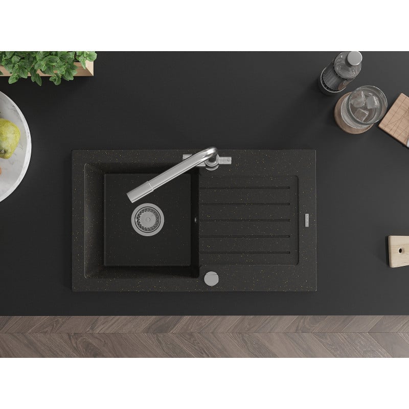 Mexen Pablo granitinė praustuvė su viena kamera, Nutekėjimo skyriumi ir virtuviniu maišytuvu Duero, juodas/auksinis