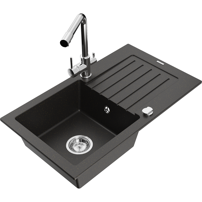 Mexen Pablo granitinė praustuvė su viena kamera, Nutekėjimo skyriumi ir virtuviniu maišytuvu Duero, juodas/auksinis