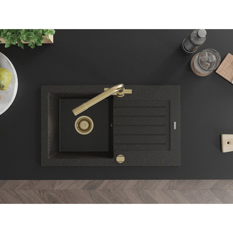 Mexen Pablo 1 skyriuječių granitinė plautuvė su nusausinamu ir virtuviniu maišytuvu Duero, juodas/auksinis metalikas