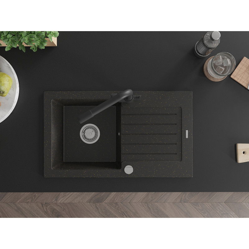 Mexen Pablo granito plautuvė 1 kamerų su nutekėjimu ir virtuviniu maišytuvu Duero, juoda/auksinė metalik - 6510-75-671600-70
