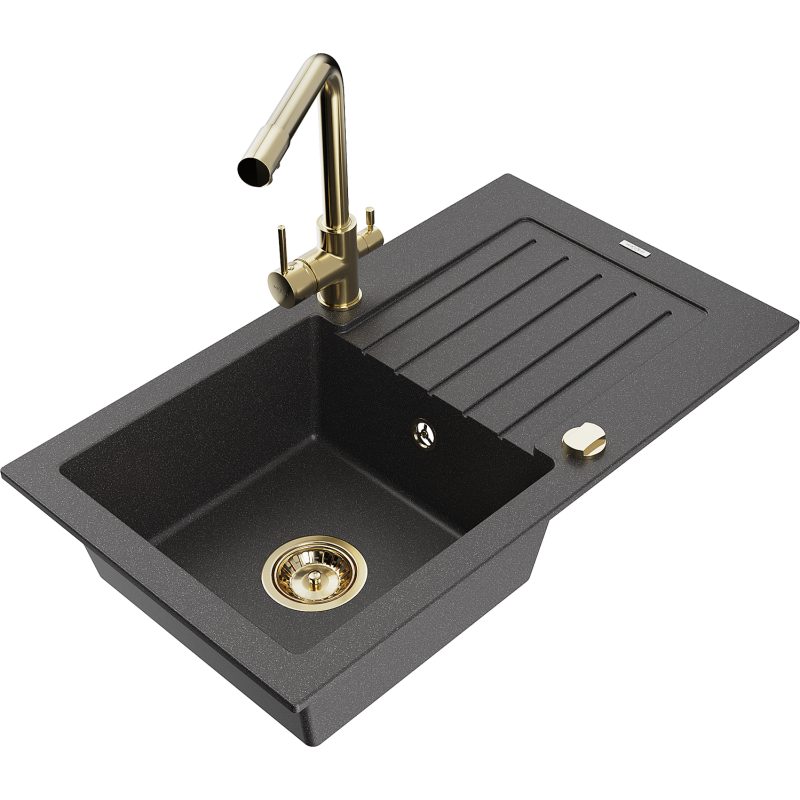 Mexen Pablo granitinė vienos kameros kriauklė su nusausintuvu ir virtuviniu maišytuvu Duero, juoda dėmėta