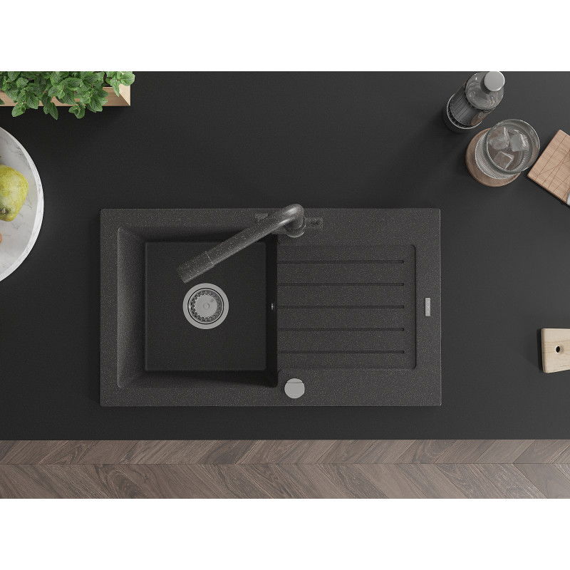 Mexen Pablo granito plautuvė 1 sekcijos su nuotėkiu ir virtuviniu maišytuvu Duero, juodas su dėmelėmis - 6510-76-671600-76