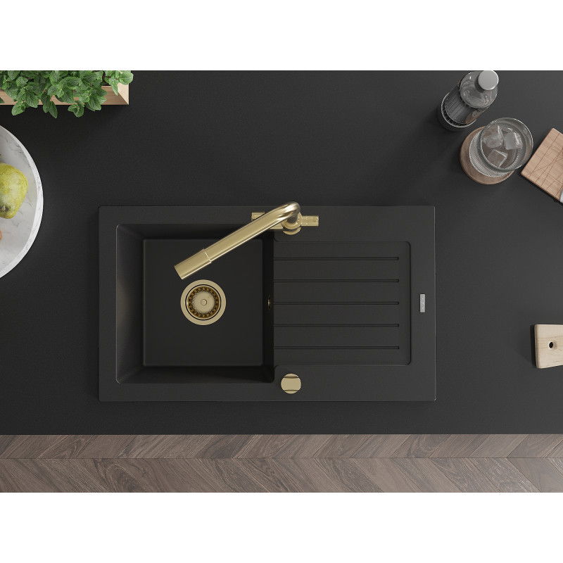 Mexen Pablo granitinis vienos kameros kriauklė su lašėjimo zona ir virtuvės maišytuvas Duero, juoda - 6510-77-671600-50