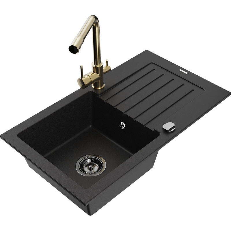 Mexen Pablo granitinė vienos talpos plautuvė su nusausintuvu ir virtuviniu maišytuvu Duero, juodas - 6510-77-671600-50-B