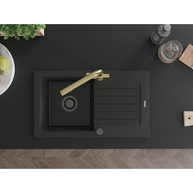 Mexen Pablo granitinė vienos talpos plautuvė su nusausintuvu ir virtuviniu maišytuvu Duero, juodas - 6510-77-671600-50-B