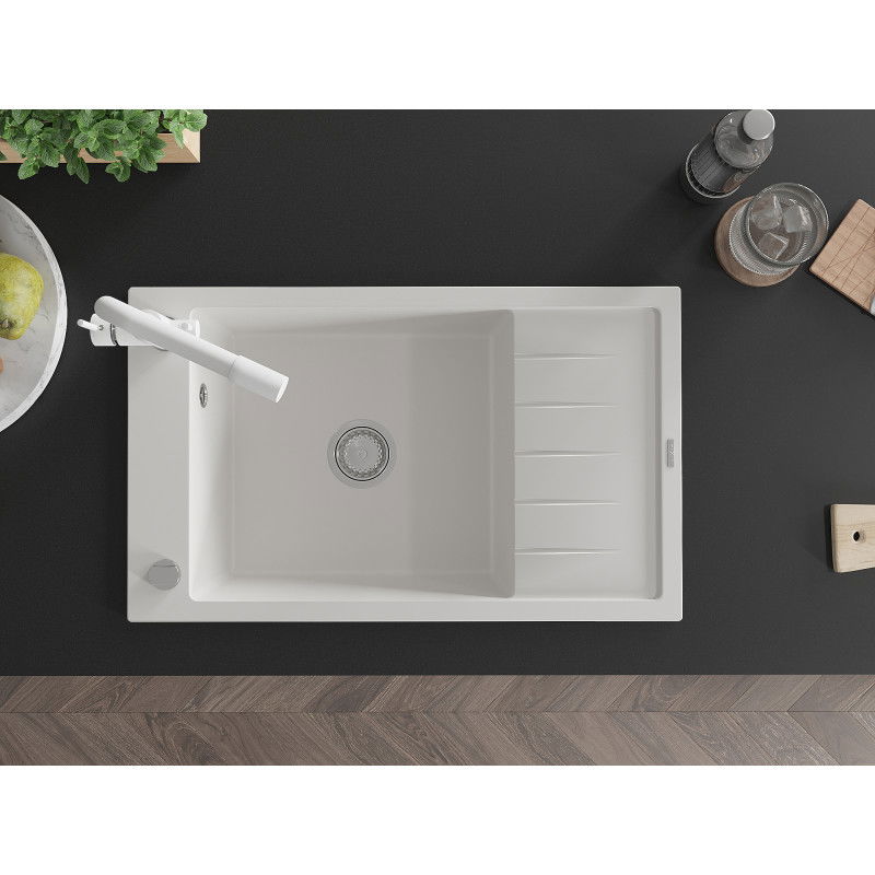 Mexen Elias granitinė plautuvė su vienu dubeniu, nusausinimo vieta ir Duero maišytuvu, balta - 6511-20-671600-20