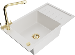 Mexen Elias granitinė vienos kameros plautuvė su nuotėkiu ir Duero virtuvės maišytuvu, balta - 6511-20-671600-50