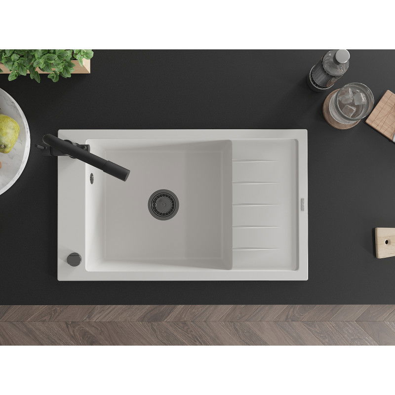 Mexen Elias granitinė vienos kameros kriauklė su nusausintuvu ir Duero virtuviniu maišytuvu, balta - 6511-20-671600-70