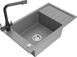 Mexen Elias granitinis vienos kameros plautuvas su lašintuvu ir virtuviniu maišytuvu Duero, pilkas - 6511-71-671600-70