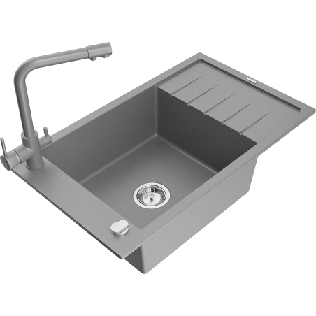 Mexen Elias vienos sekcijos granitinė plautuvė su nusausinimo staleliu ir virtuviniu maišytuvu Duero, pilka