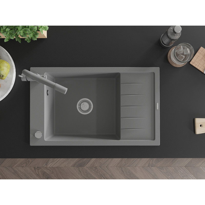 Mexen Elias vienos sekcijos granitinė plautuvė su nusausinimo staleliu ir virtuviniu maišytuvu Duero, pilka