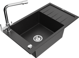 Mexen Elias granitinė vienaaukštė plautuvė su nutekamuoju ir virtuviniu maišytuvu Duero, juoda/sidabrinė metalika