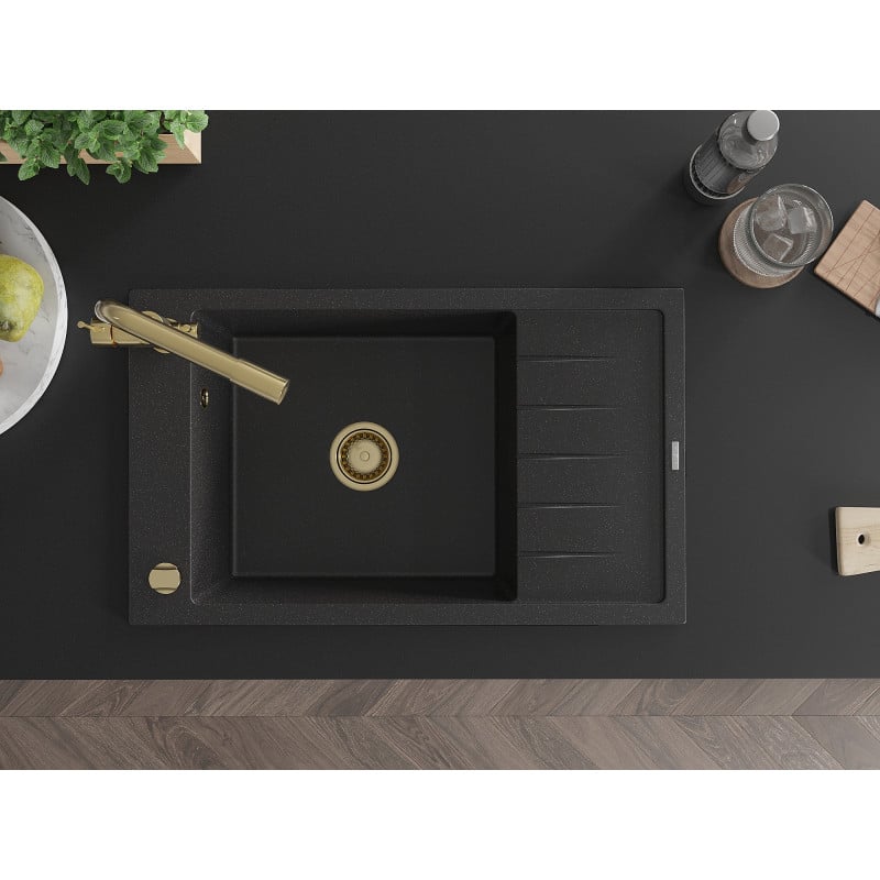 Mexen Elias granitinė vienos plautuvės virtuvinė kriauklė su nusausintuvu ir virtuviniu maišytuvu Duero, juoda/sidabrinė