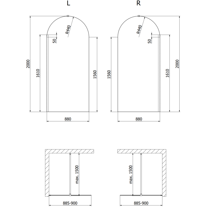 Mexen Kioto-Q dušo sienelė Walk-in 90 x 200 cm, permatomas 8 mm, šlifuotas varis - 800-090-101-65-00-Q
