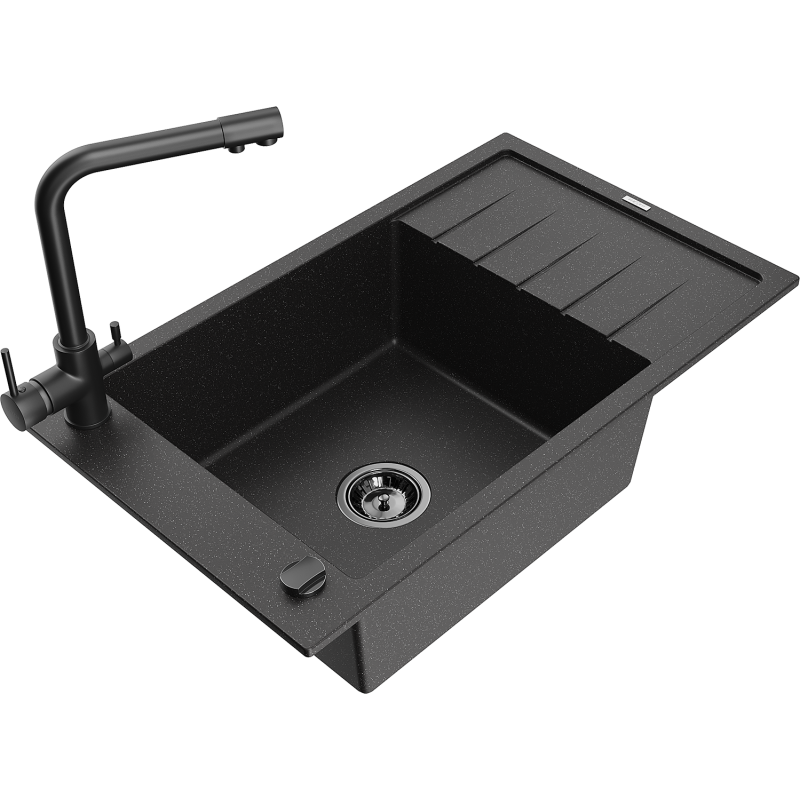 Mexen Elias vienos plautuvės granito plautuvė su nutekamu ir virtuviniu maišytuvu Duero, juodos/sidabrinės metalinės