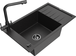 Mexen Elias vienos plautuvės granito plautuvė su nutekamu ir virtuviniu maišytuvu Duero, juodos/sidabrinės metalinės