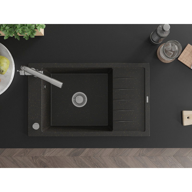 Mexen Elias granitinė vieno dubens plautuvė su nusausintuvu ir virtuviniu maišytuvu Duero, juoda/auksinis metalikas