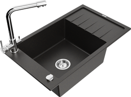 Mexen Elias granitinė vieno dubens plautuvė su nusausintuvu ir virtuviniu maišytuvu Duero, juoda/auksinis metalikas