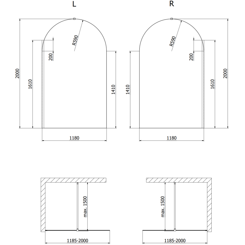 Mexen Kioto-Q dušo sienelė Walk-in 120 x 200 cm, permatoma 8 mm, juoda - 800-120-101-70-00-Q
