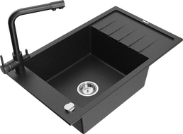 Mexen Elias granitinė vienaaukštė plautuvė su išdžiovintuvu ir virtuviniu maišytuvu Duero, juoda/sidabrinė metalika