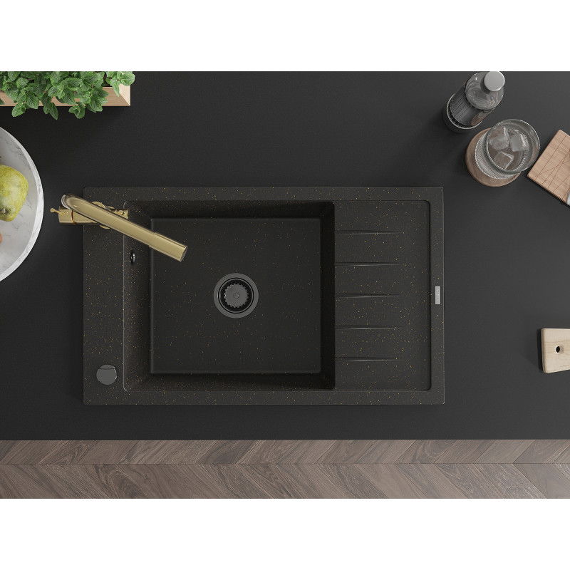 Mexen Elias grindinis granitinis virtuvės kriauklė su nutekamuoju stalu ir virtuvės maišytuvu Duero, juodas/aukso metalikas