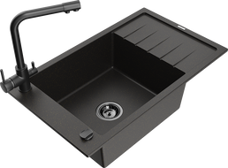 Mexen Elias granitinė vienos kameros kriauklė su nusausintuvu ir virtuvės maišytuvu Duero, juoda/auksinė metalika