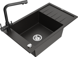 Mexen Elias granitinė virtuvės kriauklė su vienu dubeniu bei nusausinimo lentynėle ir Duero virtuviniu maišytuvu,