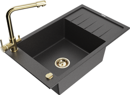 Mexen Elias granitinė vienos kameros plautuvė su nuvarvėjimo vieta ir virtuviniu maišytuvu Duero, juoda su taškeliais