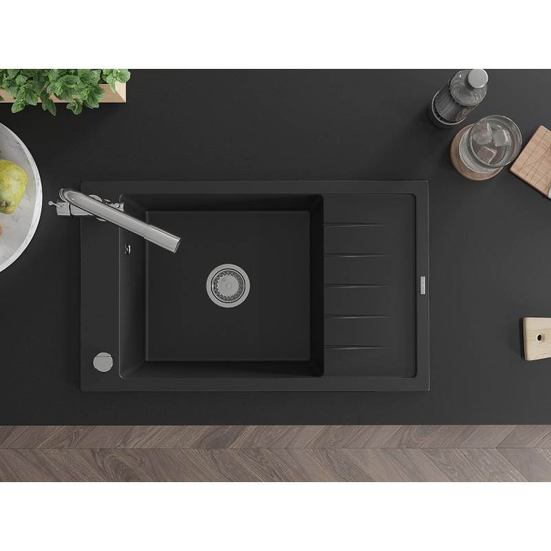 Mexen Elias granitinė vienos kameros plautuvė su nuvarvėjimo lentyna ir virtuviniu maišytuvu Duero, juoda