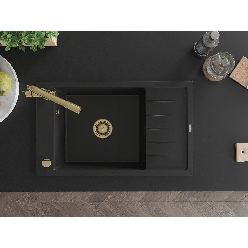 Mexen Elias granitinė 1 dalies kriauklė su nusausinimo plokšte ir Duero virtuviniu maišytuvu, juoda - 6511-77-671600-50
